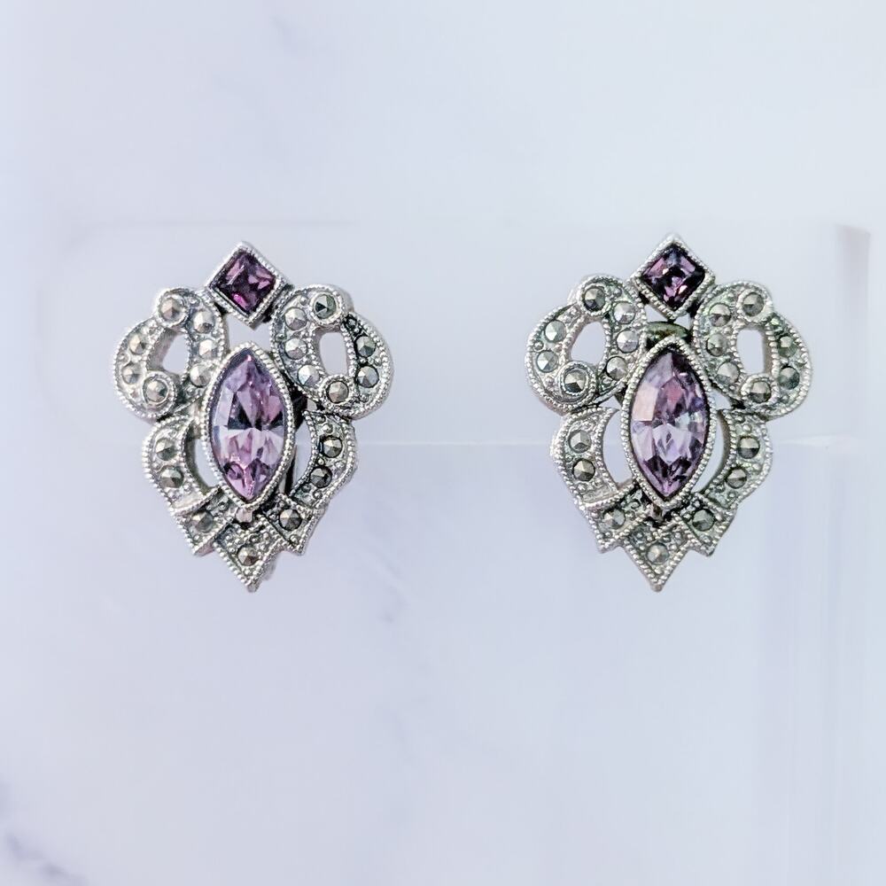 Vintage Clip On Earrings Silver Tone Purple Gems Ornate Regal